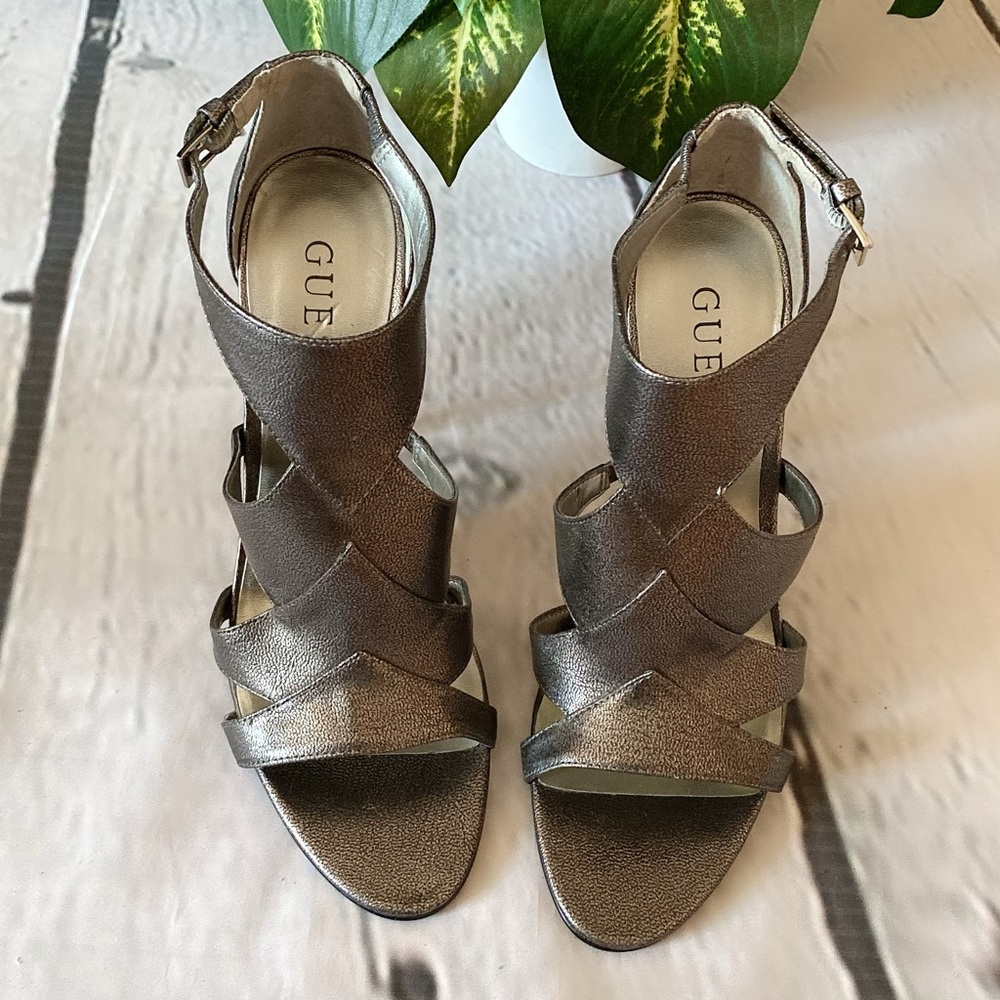 Guess Metallic Grey Open Strappy Heels